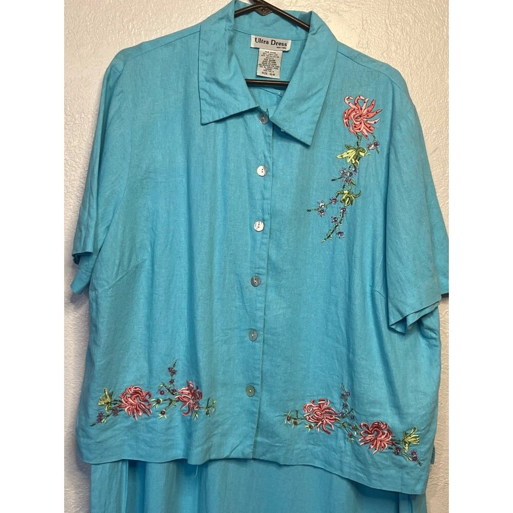 VINTAGE Ultra Dress Size 18W Blue Embroidered Floral Two-Piece Linen/Rayon Set - Picture 16 of 16